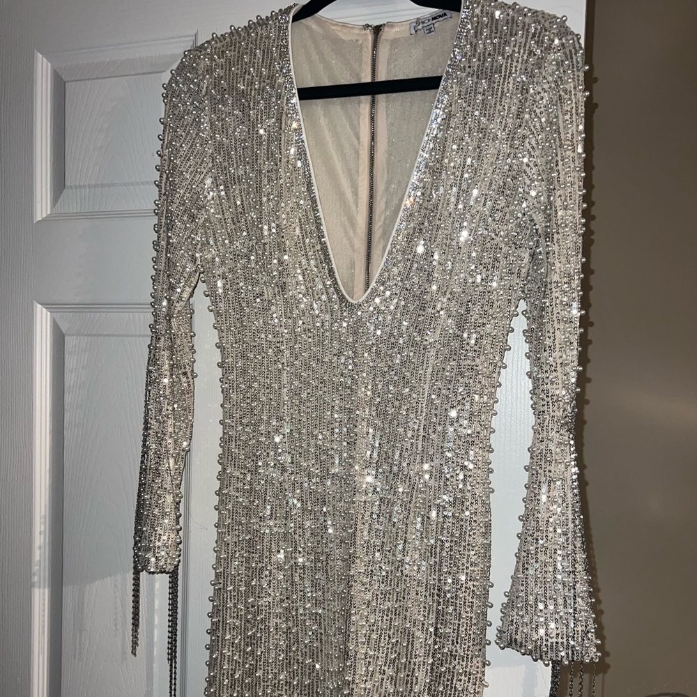 Fashion Nova Silver Beaded Mini Dress
